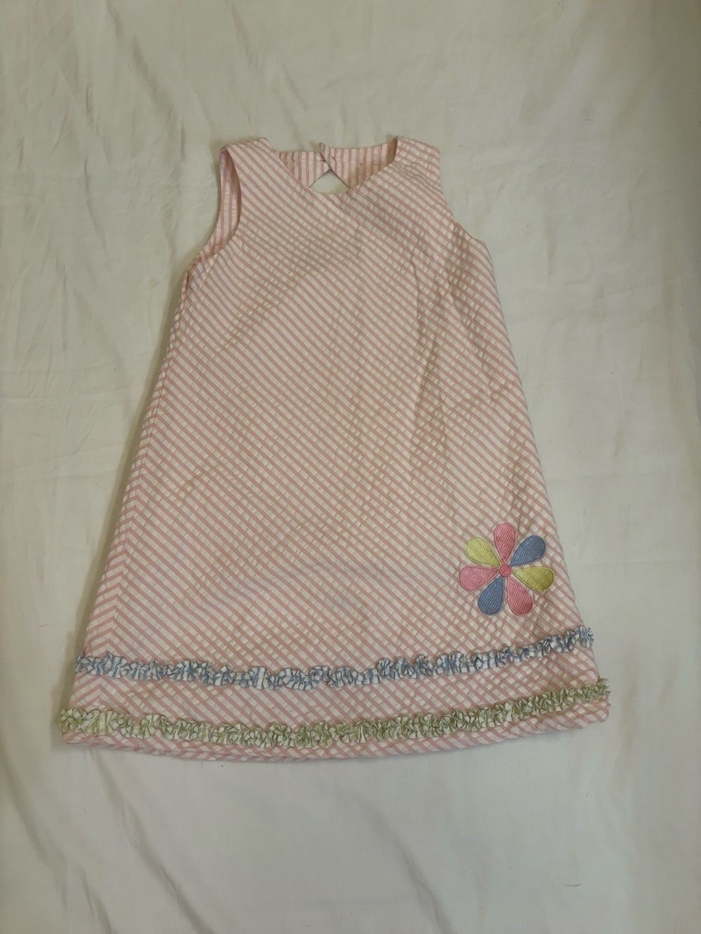 Chez Ami Girls Size 6 Pink Seersucker Dress Floral‎ Appliqué Spring Boutique